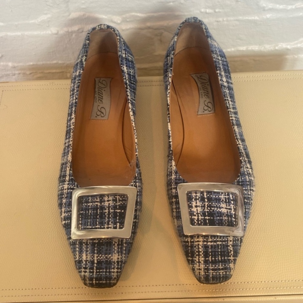 Diane B. Blue Plaid Flats with Silver Buckle - Size 9.5